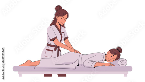 Professional masseuse providing therapeutic back massage to a woman lying on a treatment table