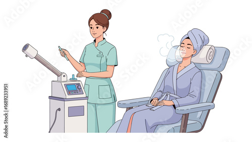 Skincare professional prepares facial steamer for client receiving treatment in a comfortable salon chair