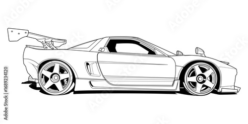 Vector coloring page illustration of a high-speed car. Black contour line art, isolated on a white background. Clean stroke outline without fill, perfect for books, drawing activities