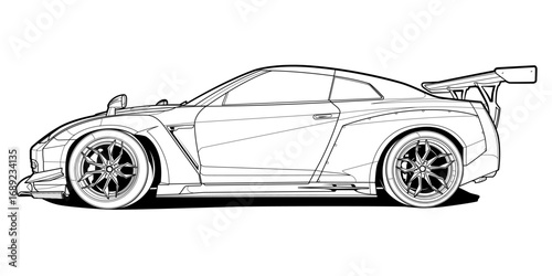 Vector coloring page illustration of a high-speed car. Black contour line art, isolated on a white background. Clean stroke outline without fill, perfect for books, drawing activities
