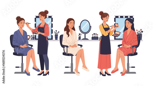 Professional makeup artists applying cosmetics to clients in a brightly lit salon setting with mirrors