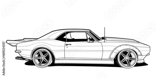 Adult coloring page vector illustration of a high-speed car in a side view. Black contour line art, isolated on a white background, perfect for books, drawing activities, and graphic design projects.