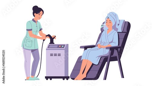 Medical professional administers treatment to patient seated in reclining chair with advanced medical equipment