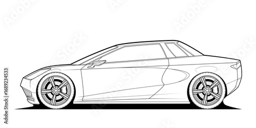 Adult coloring page for book and drawing. Car vector line art illustration. High speed drive vehicle. Graphic element. wheel. Black contour sketch illustrate Isolated on white background.