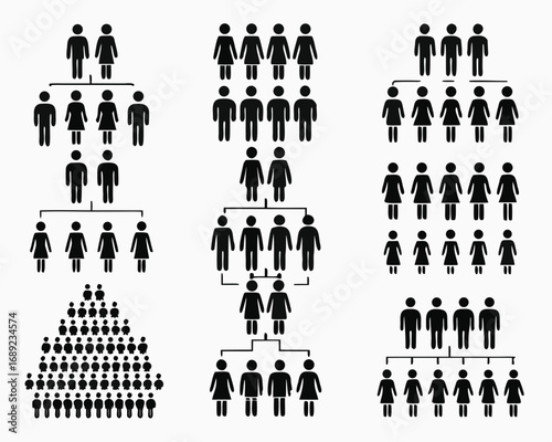 Family tree and organizational chart diagrams with stick figures