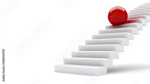 3D Render of a Bright Red Glossy Sphere Ascending a Clean White Staircase on a Pure White Background, Symbolizing Progress, Achievement, Challenge, or Opportunity.