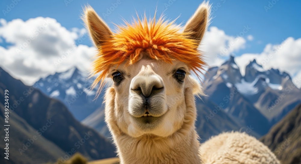 Fototapeta premium Close up portrait of a fluffy alpaca with orange hair in the Andes mountains