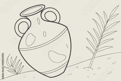 Ancient Greek Amphora Vase with Outline Drawing of Plants pottery ceramic