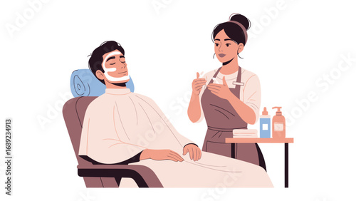 Skilled beautician applying facial mask to relaxed man in salon setting for skincare treatment