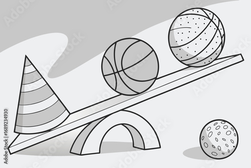 Basketballs and Cone on a Seesaw in Black and White balance sports