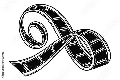 Black and White Film Strip Swirling on White Background movie cinema