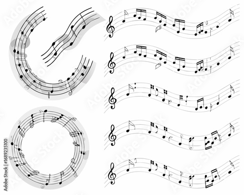 Collection of musical notes and staves in various curved and circular arrangements