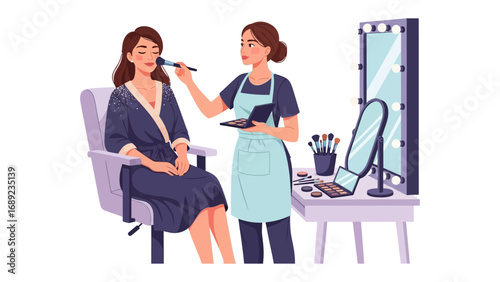 Professional makeup artist applying cosmetics to a client in a salon setting with beauty tools