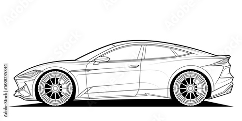 Adult coloring page for book and drawing. Car vector line art illustration. High speed drive vehicle. Graphic element. wheel. Black contour sketch illustrate Isolated on white background.