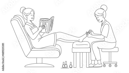 Relaxing pedicure session woman reads magazine while technician attends to her feet