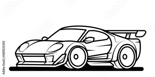 Stylized sports auto. Vehicle black contour illustration isolated on white background. Vector line art cartoon car, concept design.  Coloring page for books. Cower drawing. 