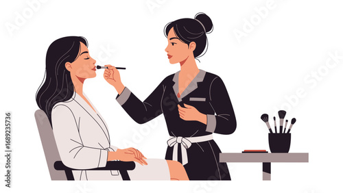 Professional makeup artist applying makeup to a client in a salon setting with beauty tools