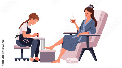 Relaxing pedicure experience woman enjoys foot treatment while sipping a drink in a salon