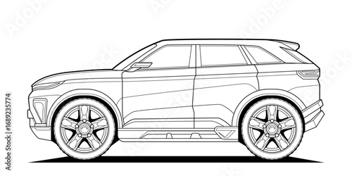 Coloring page contouring for book and drawing. Concept vector illustration. Offroad drive vehicle. Graphic element. Car wheel. Black contour sketch illustrate Isolated on white background.