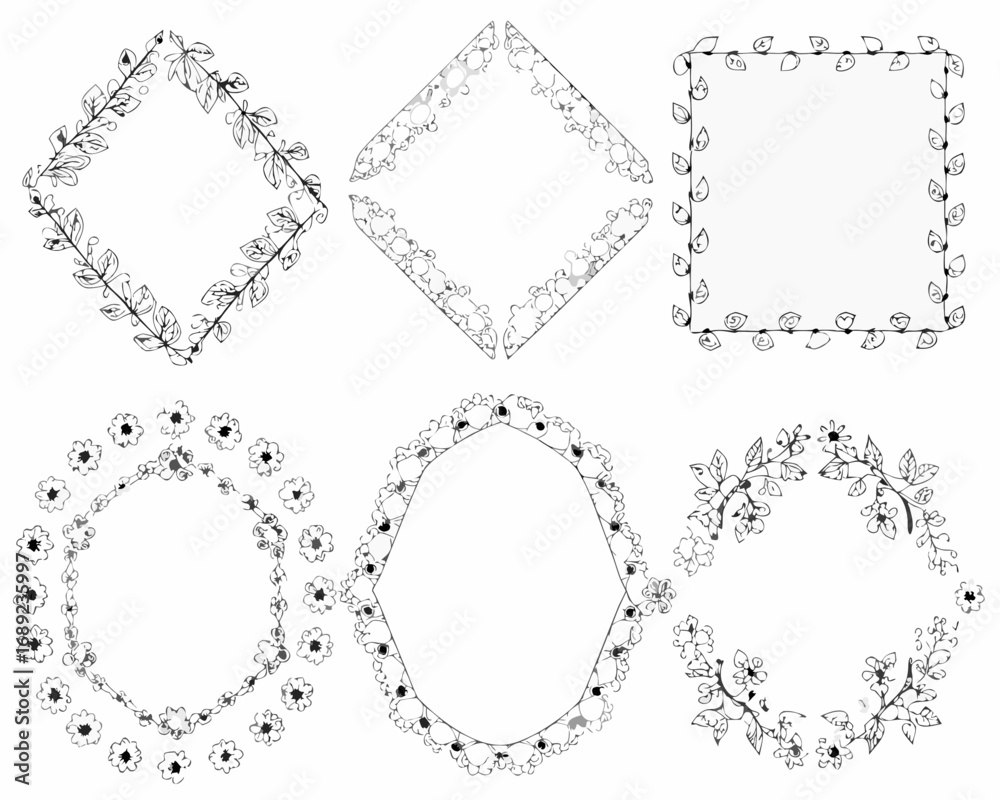 Obraz premium Collection of six hand drawn floral and leaf borders and frames