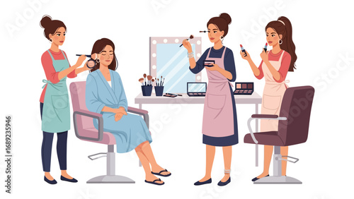 Professional makeup artists applying cosmetics to a client in a bright salon setting