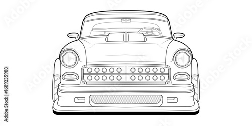 Digital line drawing of a modified classic muscle car, Black and white sports car with custom wheels, aerodynamic body kit, and a rear spoiler. Line art Isolated on a white background