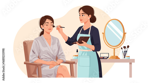 Professional makeup artist applying cosmetics to a client in a salon setting with a vanity mirror
