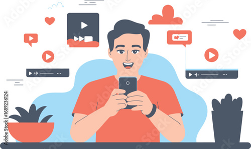 Man using smartphone with video player icons and likes