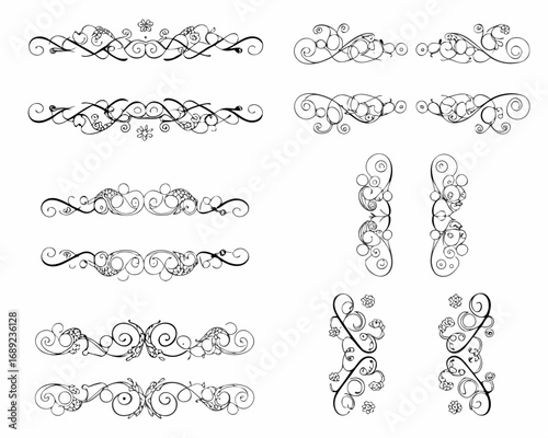 Collection of vintage ornamental dividers and borders with floral elements