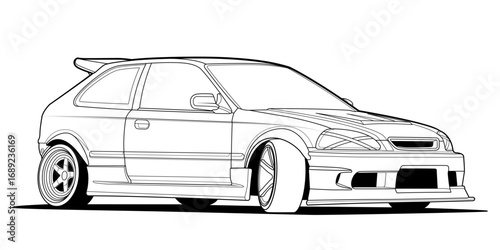 Vector coloring page illustration of a high-speed car. Black contour line art, isolated on a white background. Clean stroke outline without fill, perfect for books, drawing activities