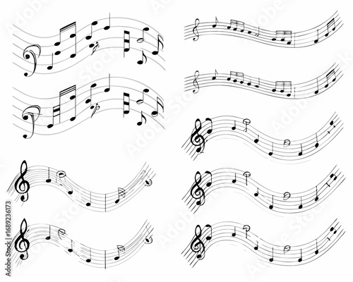 Collection of wavy musical staffs with notes and clefs
