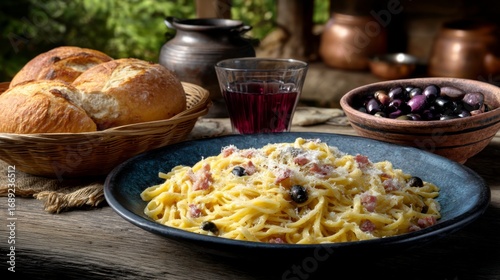 Delicious pasta dish with bread and wine rustic setting food photography outdoor table culinary experience