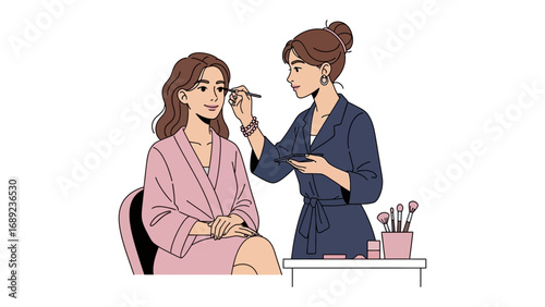 Professional makeup artist applying cosmetics to a client in a salon setting with tools visible