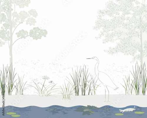 Minimalist illustration of a heron standing by a tranquil pond with reeds and trees