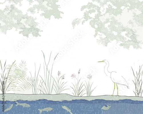 Egret standing by a pond with fish and reeds under leafy trees