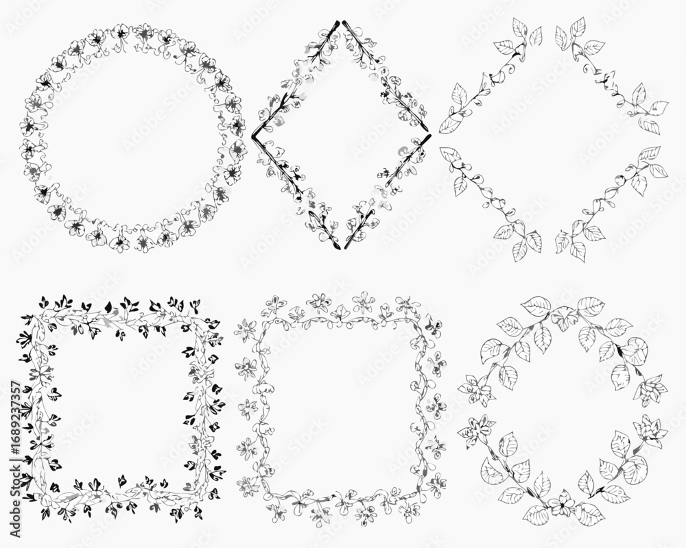 Obraz premium Collection of hand drawn floral frames and borders in black and white