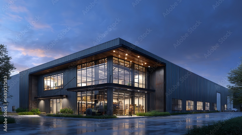 custom made wallpaper toronto digitalExterior view modern warehouse exterior steel frame structure illuminated lighting dusk