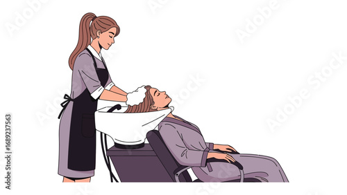 Hairdresser washing client s hair at a salon sink with a towel and water