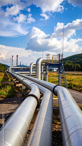 Industrial Pipeline Network, Energy Transport, Natural Landscape, Photo, Clear Sky View, Infrastructure Development
