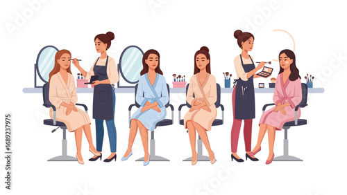 Diverse group of women receiving makeup application and beauty treatments in a well lit salon setting