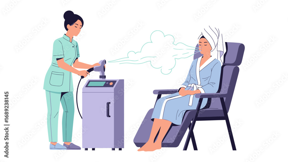 Fototapeta premium Skilled nurse administers facial steaming treatment to relaxed woman in spa robe and towel