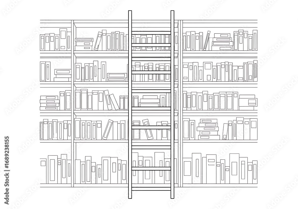 Obraz premium Explore the vast expanse of knowledge with a towering bookshelf and accessible ladder, symbolizing endless learning opportunities and personal growth