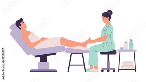 Man receiving a relaxing foot massage and pedicure treatment from a professional spa technician