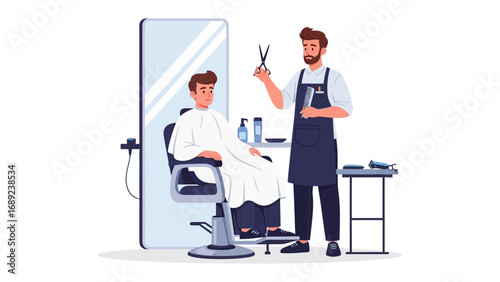 Skilled barber with scissors and comb ready to style client s hair in modern salon