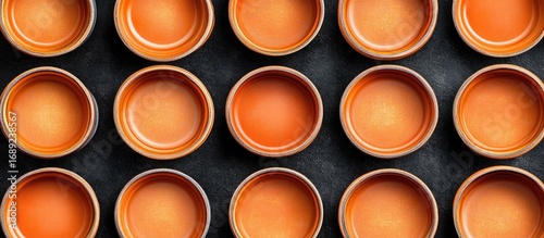 Vibrant Orange Terracotta Bowls in Symmetrical Grid on Dark Textured Surface, Top View