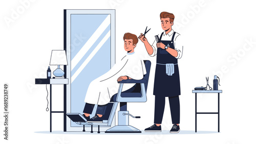 Professional barber skillfully cuts client s hair in a modern salon with a large mirror