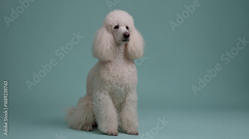 Professional studio portrait of a white poodle dog showcasing fluffy fur adorable expression and elegant grooming perfect for pet lovers and animal enthusiasts
