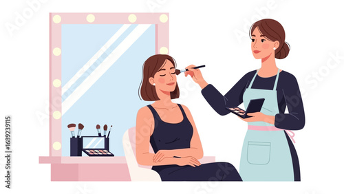 Professional makeup artist applying cosmetics to a client in a well lit vanity room setting