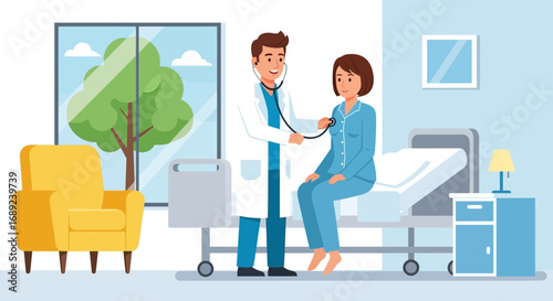A doctor examines a patient in a hospital room, using a stethoscope.
