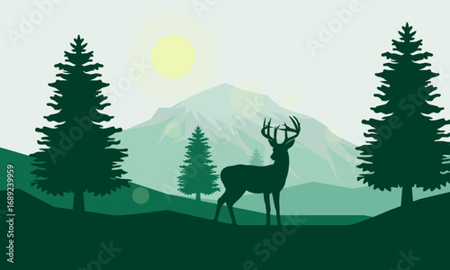 Wild Deer standing with mountain and tree background